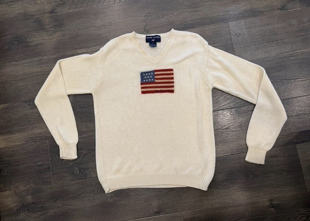 Ralph Lauren Cream V-Neck Sweater with Flag Patch